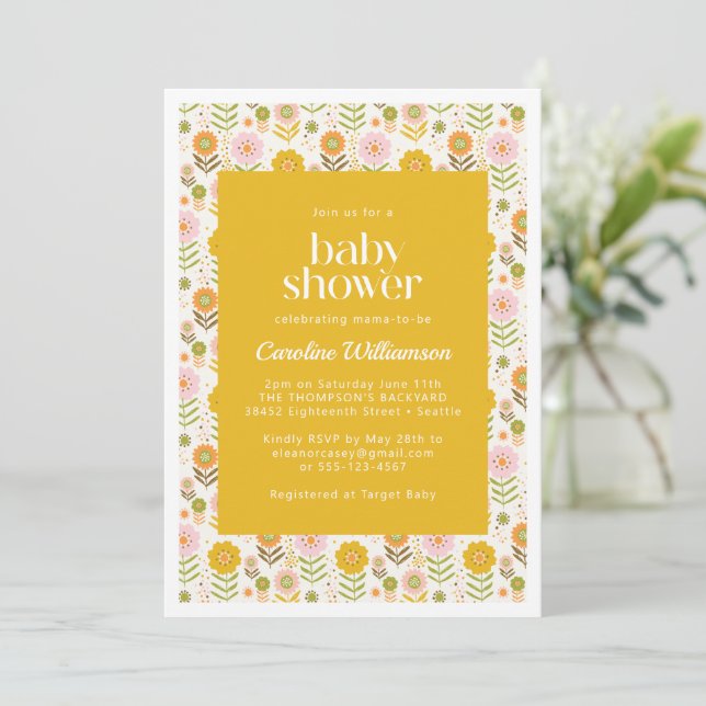 Niedlich Retro Scandinavian Yellow Flowers Kinderd Einladung (Stehend Vorderseite)