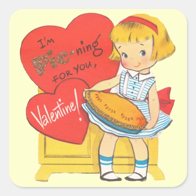 Niedlich Retro Valentine Girl Quadratischer Aufkleber (Vorderseite)