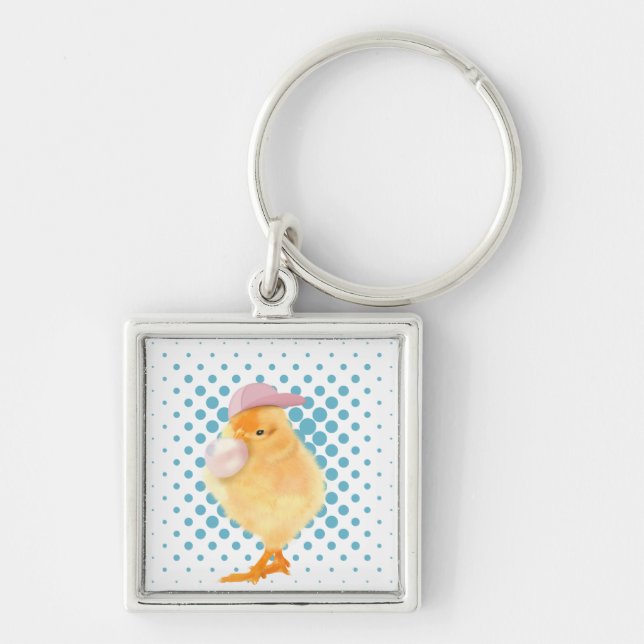 Niedlich Retro Vibes Chick Blasing Bubblegum White Schlüsselanhänger (Vorne)