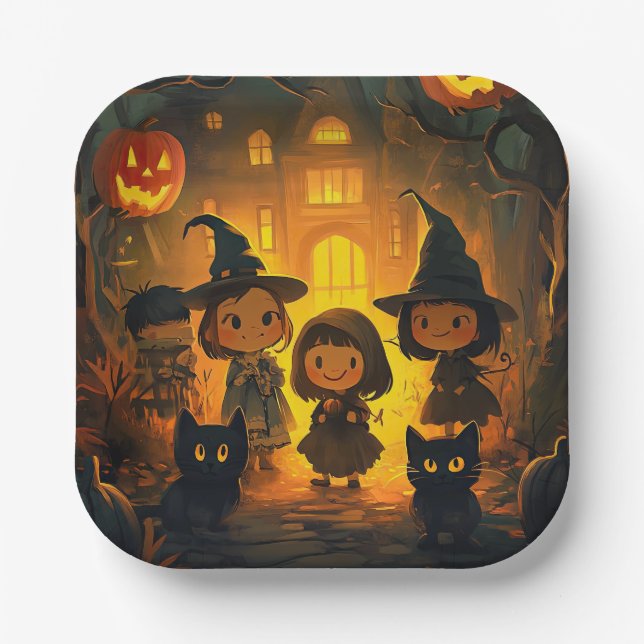 Niedlich Retro Vintag Halloween Kids Ghost Pumpkin Pappteller (Vorderseite)