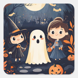 Niedlich Retro Vintag Halloween Kids Ghost Pumpkin Quadratischer Aufkleber