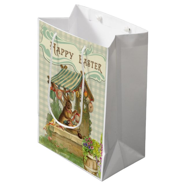 Niedlich Retro Vintag Osterhase Mittlere Geschenktüte (Vorderseite Schrägansicht)