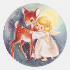 Niedlich Retro Weihnachtsangel-Girl mit Hirsch Runder Aufkleber