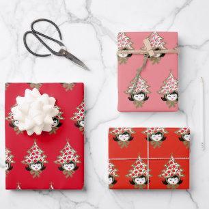 Niedlich Retro Weihnachtsbaum Girl Roter Rosa Oran Geschenkpapier Set
