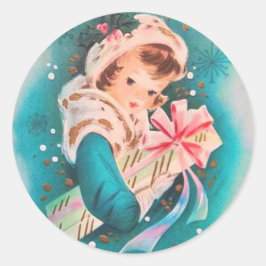 Niedlich Retro Weihnachtsmädchen mit Geschenk Runder Aufkleber