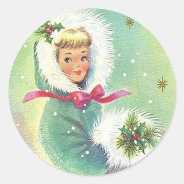 Niedlich Retro Weihnachtsmädchen Runder Aufkleber (Vorderseite)