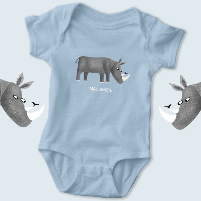 Niedlich Rhinoceros Animal Lover Individuelle Name Baby Strampler (Cute rhino personalized baby name bodysuit)