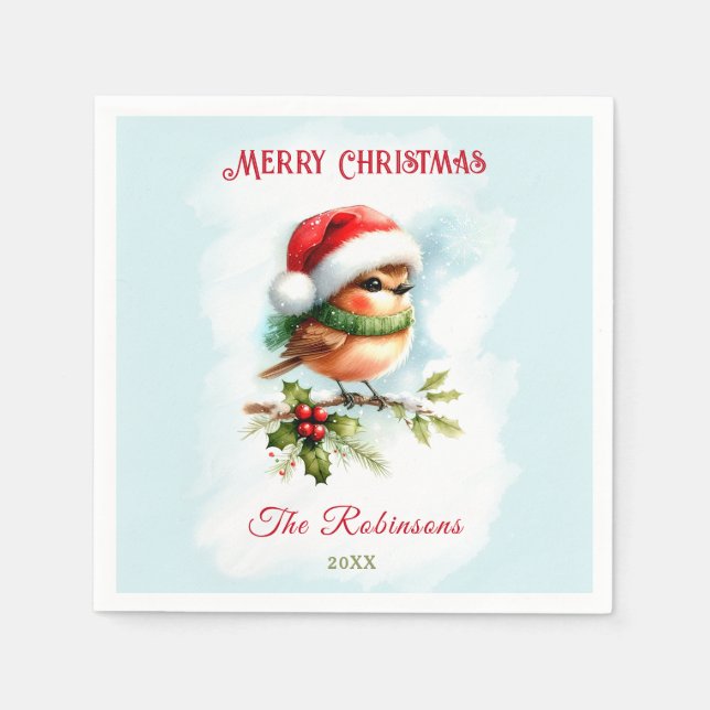 Niedlich Robin In Weihnachtsmannmütze Klassisches  Serviette (Vorderseite)