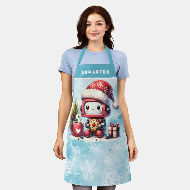 Niedlich Robot Mit Monogramm Blue Christmas Schürze (Getragen)