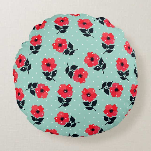 Niedlich-Romantische Rote Blume Blumendesign Rundes Kissen (Vorderseite)
