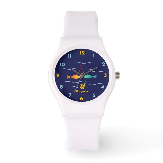 Niedlich-Romantischer Fisch in Liebe Monogram Armbanduhr (Vorderseite)