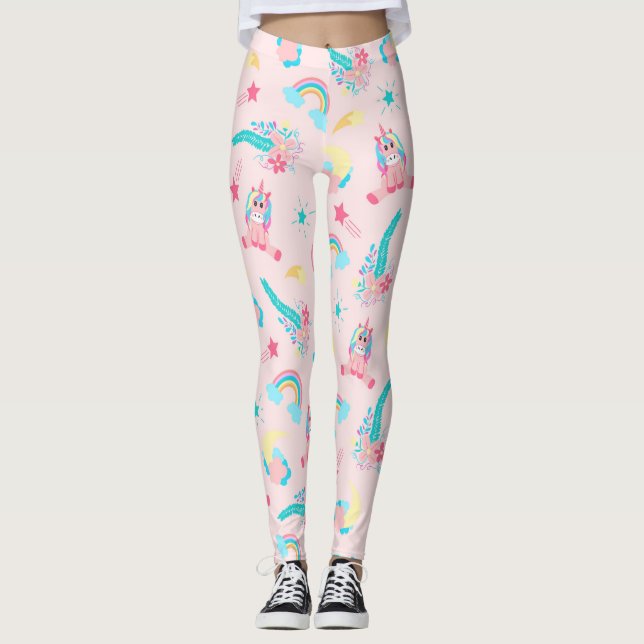Niedlich rosa Aquamarine Einhornbahn Regenbogen Leggings (Vorderseite)