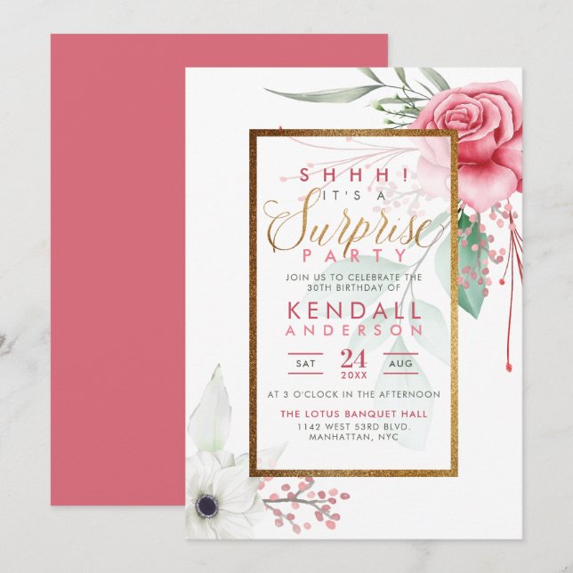 Niedlich rosa Aquarell Rose Blumenkohl Party Einladung (Vorne/Hinten)