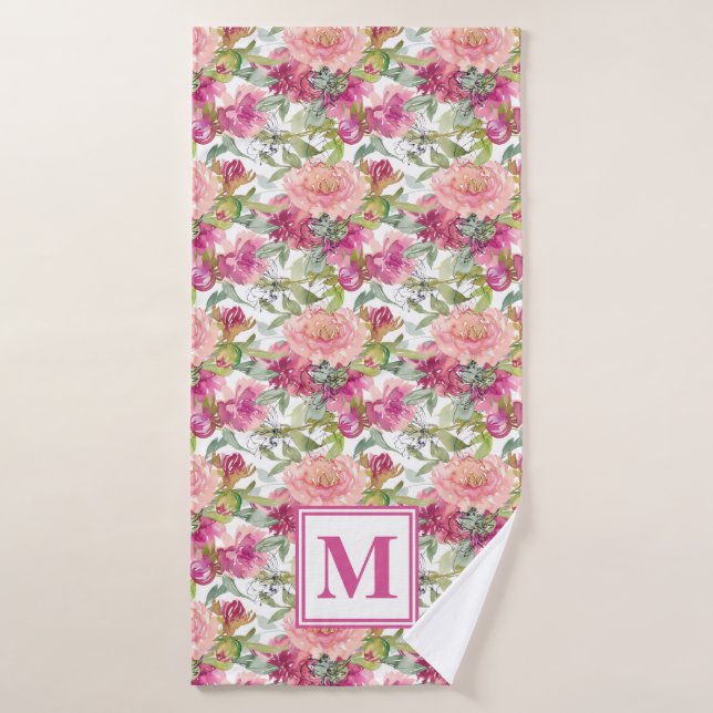 Niedlich-Rosa-Blumenzunge Grüne Blätter Monogramm Badehandtuch (Badehandtuch)