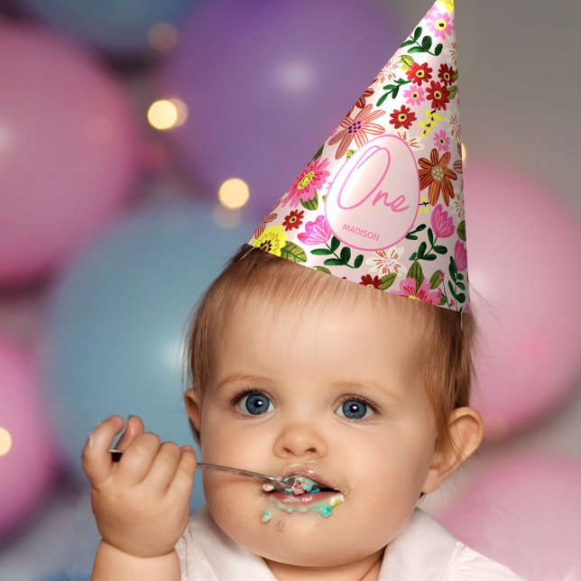 Niedlich rosa Blütenmädchen Geburtstag Partyhütchen (Cute Pink Floral One Year Girl Birthday Party Hat)