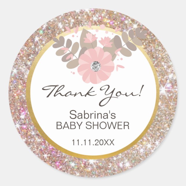 Niedlich rosa, braun, Glitzer Gold Kinderdusche -  Runder Aufkleber (Vorderseite)