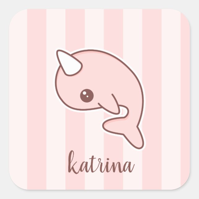 Niedlich rosa Cartoon Narwhal mit Streifen Quadratischer Aufkleber (Vorderseite)