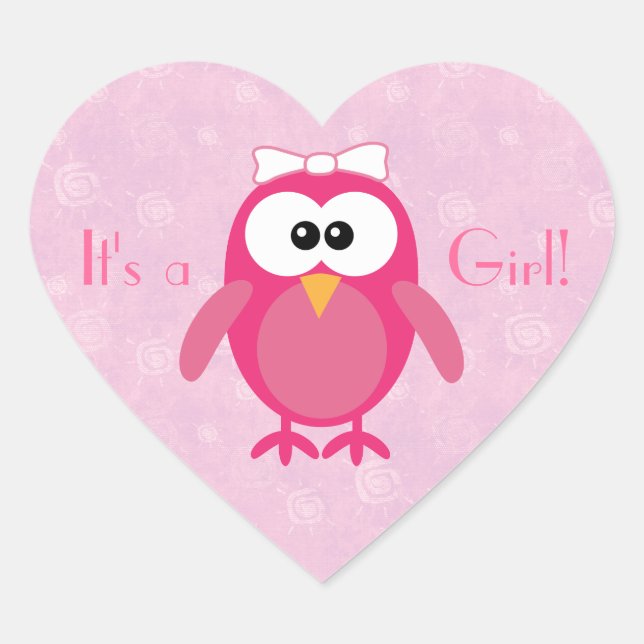 Niedlich rosa Cartoon Owl A Girl New Baby Herz-Aufkleber (Vorderseite)