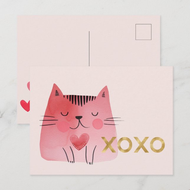 Niedlich-rosa Cat Hearts Gold XOXO Postkarte (Vorne/Hinten)