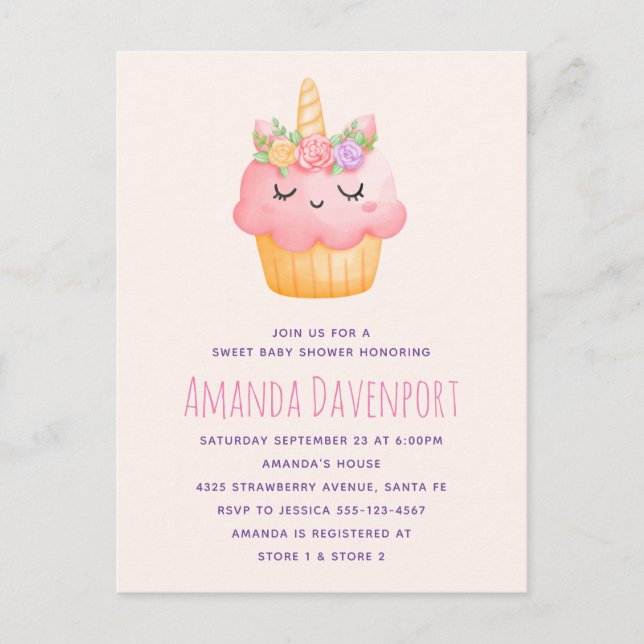 Niedlich rosa Cupcake Einhorn mit Rose Kinderdusch Einladungspostkarte (Vorderseite)