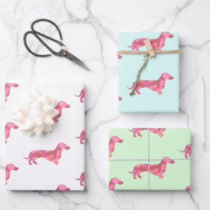 Niedlich-rosa-Dackel-Hundemuster  Geschenkpapier Set