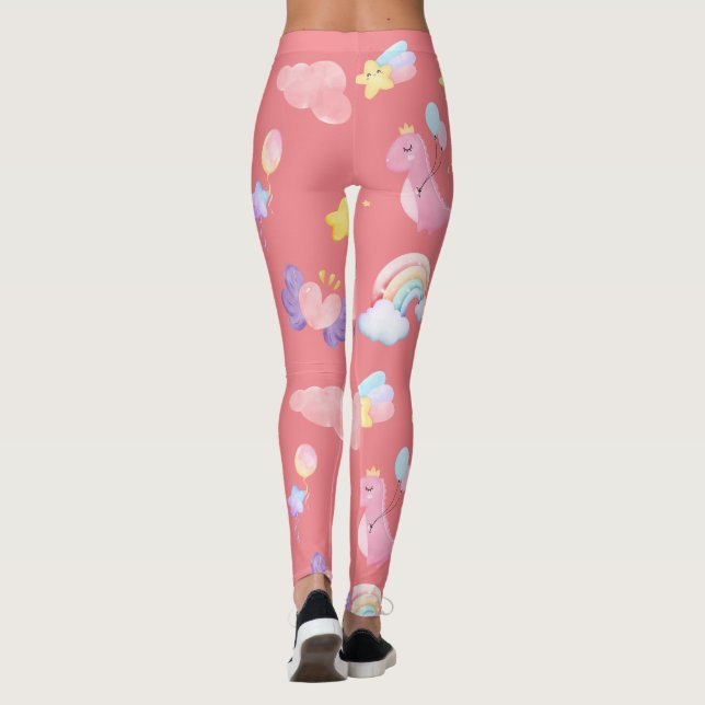Niedlich-rosa Dinosaurier-Regenbogenballon Muster Leggings (Rückseite)