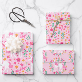 Niedlich rosa Einhorn-Blume Muster Personalisiert  Geschenkpapier Set