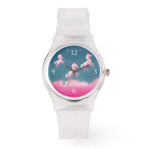 Niedlich rosa Einhorn fliegen Personalisiertes Sil Armbanduhr