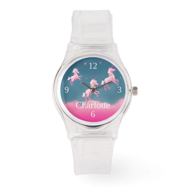 Niedlich rosa Einhorn fliegen Personalisiertes Sil Armbanduhr (Vorderseite)