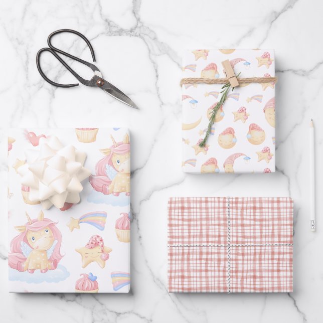 Niedlich rosa Einhorn Geschenkpapier Set (Vorderseite)