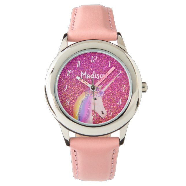 Niedlich rosa Einhorn Glitzer Personalisiert Kinde Armbanduhr (Vorderseite)