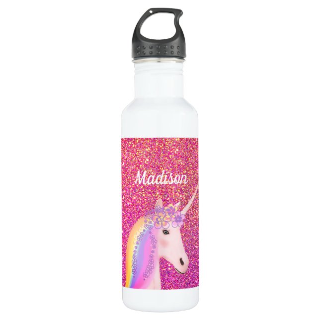 Niedlich rosa Einhorn Glitzer Personalisiert Kinde Edelstahlflasche (Vorderseite)