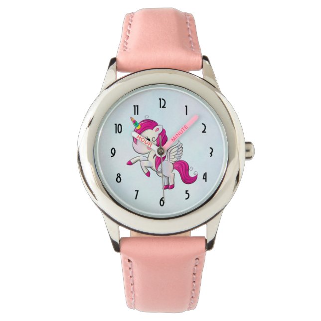 Niedlich rosa Einhorn mit Flügeln Armbanduhr (Vorderseite)
