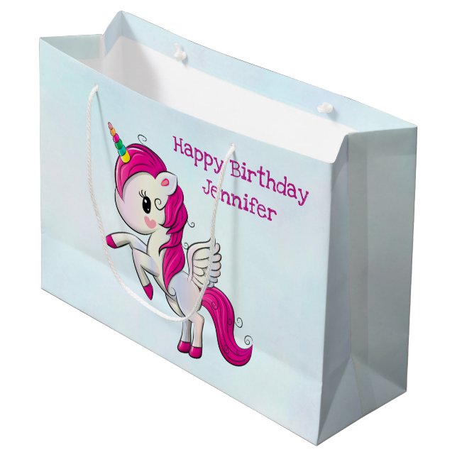 Niedlich rosa Einhorn mit Flügeln Große Geschenktüte (Vorderseite Schrägansicht)