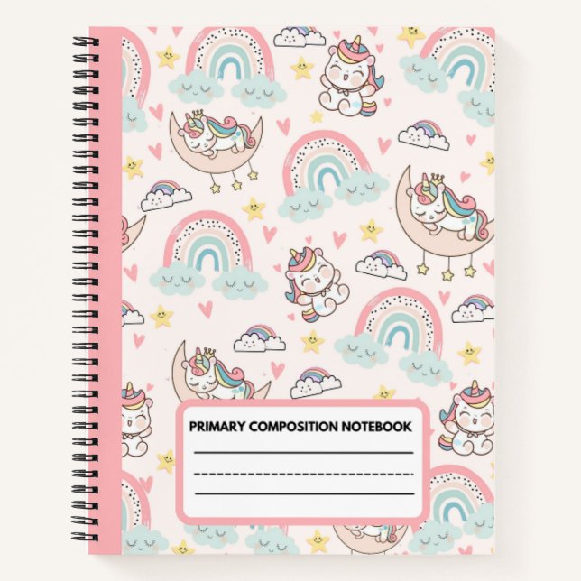 Niedlich rosa Einhorn-Primär-Komposition-Notebook Notizbuch (Vorderseite)