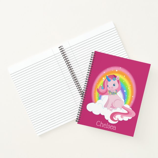 Niedlich rosa Einhorn und Regenbogen Personalisier Notizbuch (Innenseite)