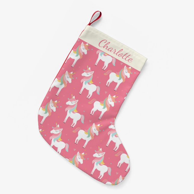 Niedlich rosa Einhornmuster Personalisiert Kleiner Weihnachtsstrumpf (Vorderansicht (hängend))