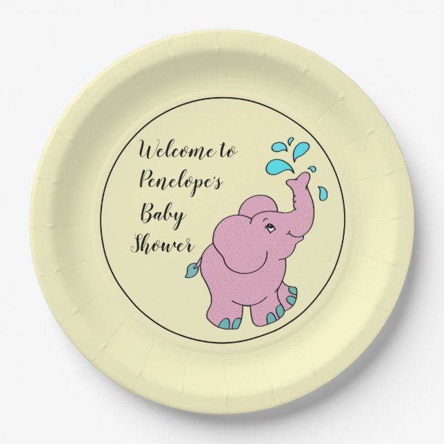 Niedlich rosa Elefant mit Ihrem Namen Baby Shower  Pappteller (Vorderseite)