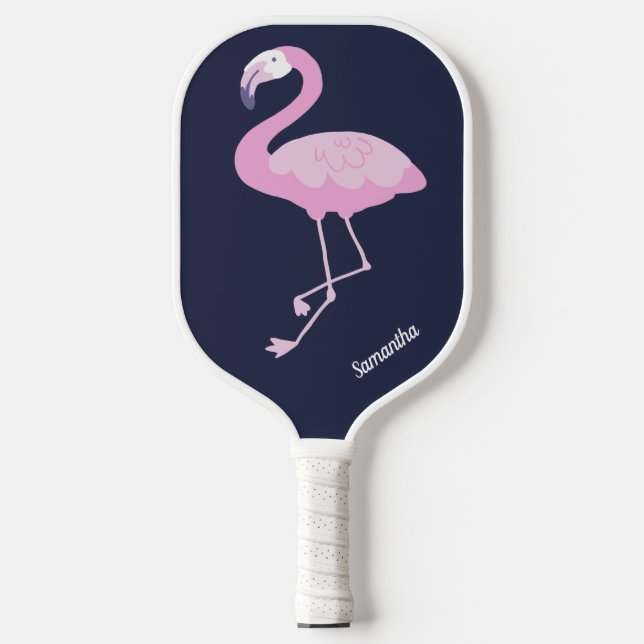 Niedlich rosa Flamingo auf dunkelblau mit Name Pickleball Schläger (Vorderseite)