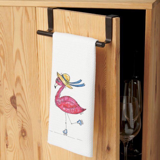 Niedlich rosa Flamingo auf Skaten Geschirrtuch (Drittel gefaltet)