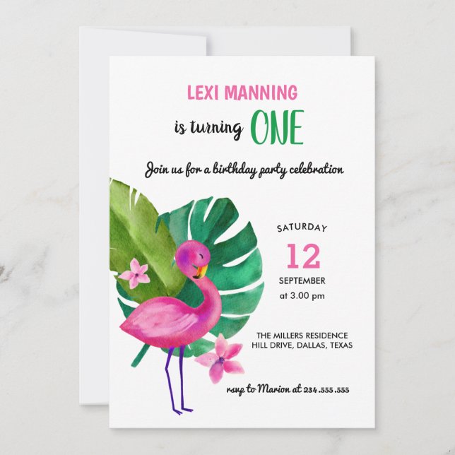 Niedlich rosa Flamingo | Girl Birthday Party Einladung (Vorderseite)