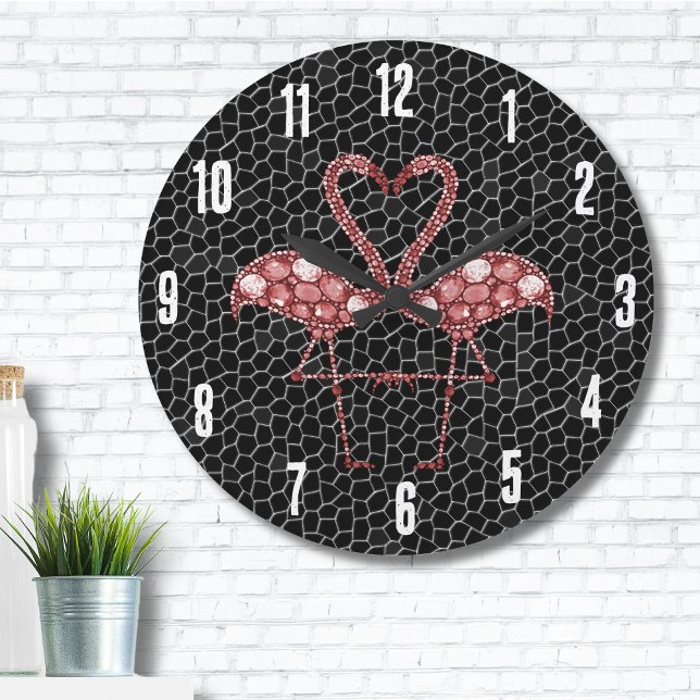 Niedlich rosa Flamingo Große Wanduhr (Contemporary Abstract Modern Black Pink Flamingo Large Clock)