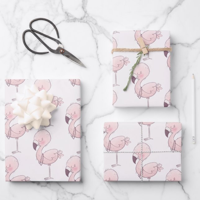 Niedlich rosa Flamingo Illustrationsmuster Geschenkpapier Set (Vorderseite)