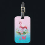 Niedlich rosa Flamingo im Hintergrund Gepäckanhänger<br><div class="desc">Niedliche pinkfarbene Flamingos Aquarellbilder über glitzerndem Rosa und blauem Hintergrund.</div>