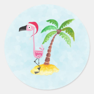 Niedlich rosa Flamingo in einer Weihnachtsmannmütz Runder Aufkleber