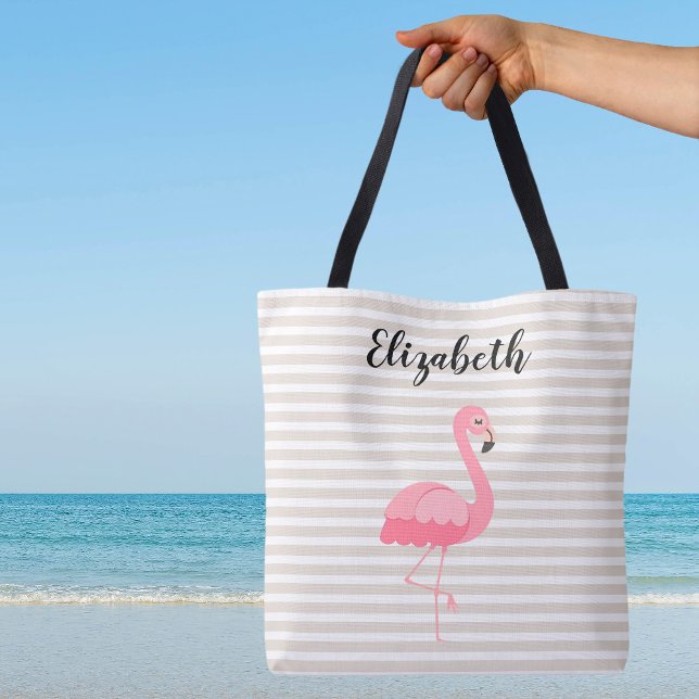Niedlich rosa Flamingo Individuelle Name Tan Strip Tasche (Cute Pink Flamingo Custom Name Tan Stripes Canvas Beach Shopping Travel Tote Bag)
