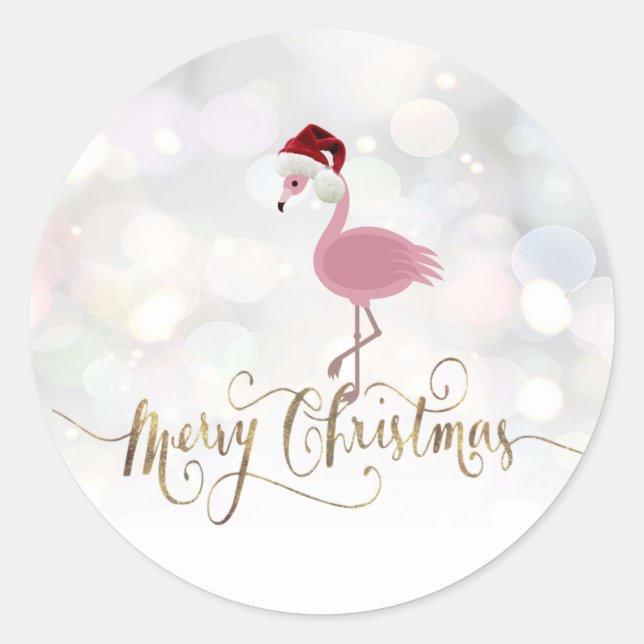 Niedlich rosa Flamingo mit Weihnachtsmannmütze Runder Aufkleber (Vorderseite)