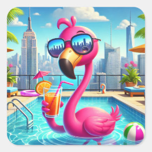 Niedlich rosa Flamingo Poolside Trinkheber Quadratischer Aufkleber