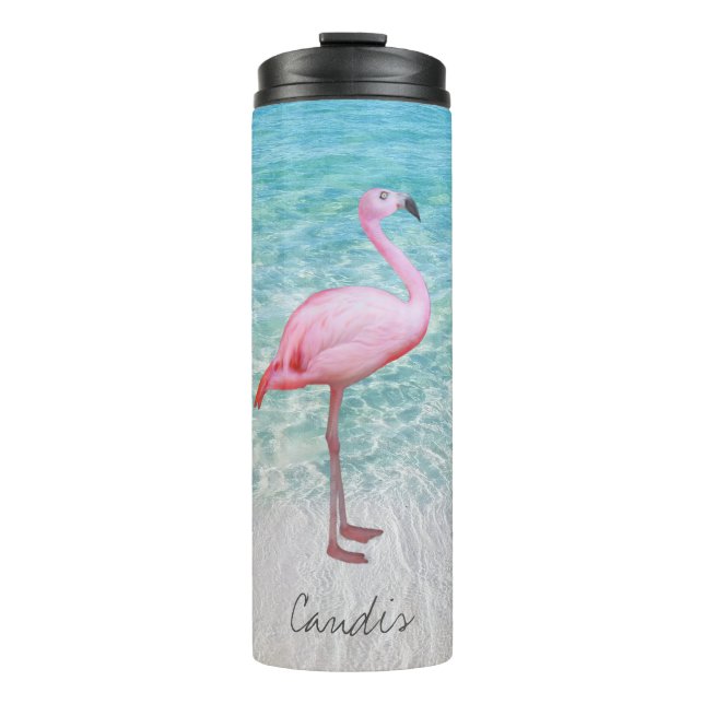 Niedlich rosa Flamingo Tropical Beach Name Fine Ar Thermosbecher (Vorderseite)