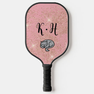 Niedlich rosa Glitzer Katzenmonogramm Pickleball Schläger
